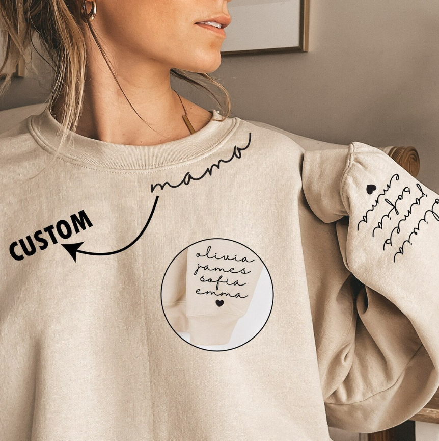 Custom Mama Collar Print Sweatshirt, Kinds Names on Sleeve