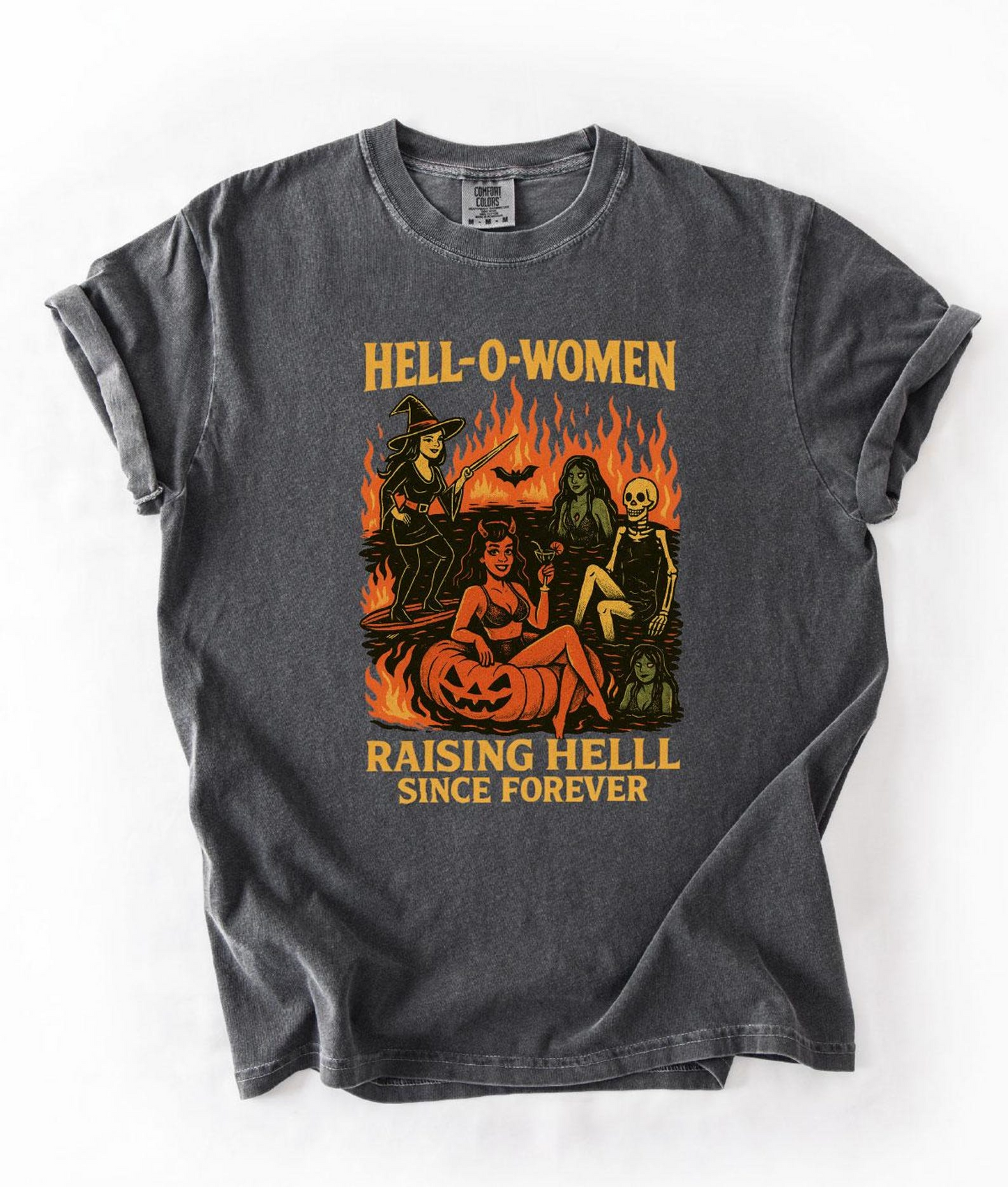 Retro Halloween Women’s Graphic Tee – Witch, Devil, Skeleton & Pumpkin Shirt