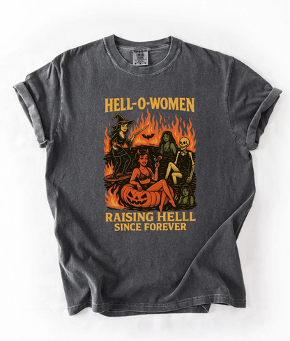 Retro Halloween Women’s Graphic Tee – Witch, Devil, Skeleton & Pumpkin Shirt