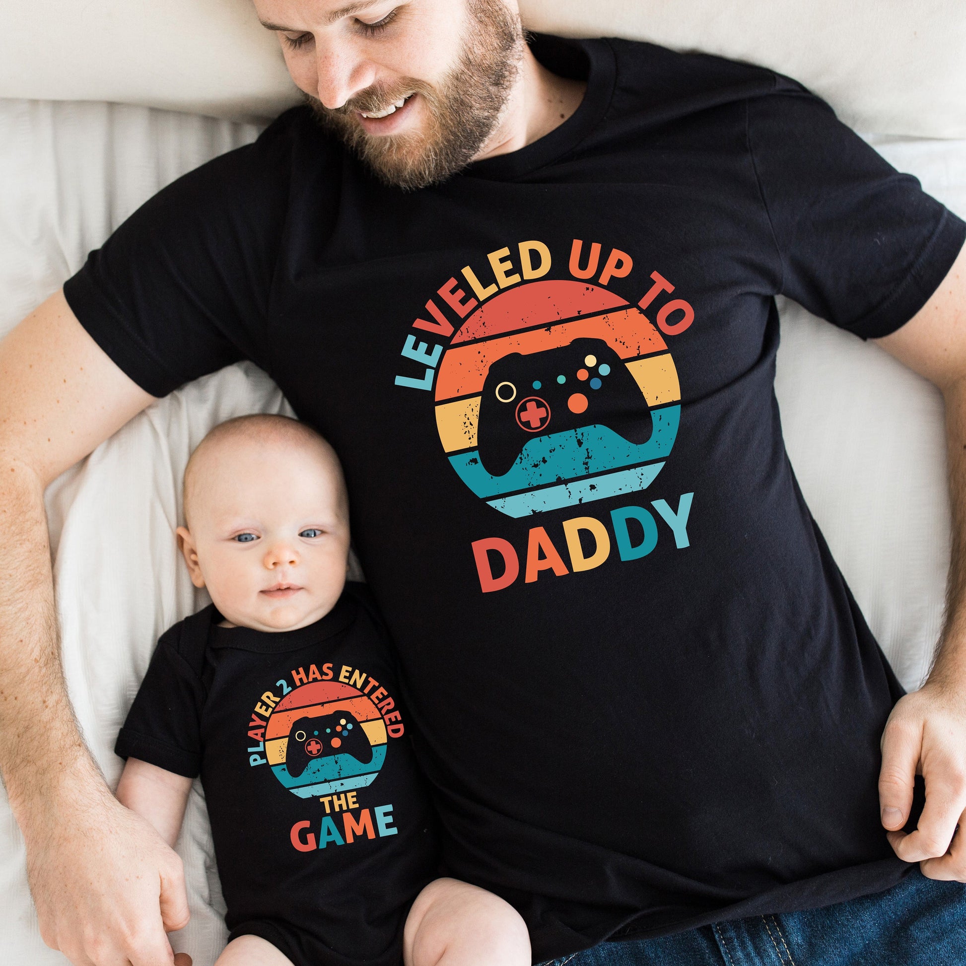 leveled up to daddy player 2 has entered the game black matching baby and daddy t-shirts shirts onesie