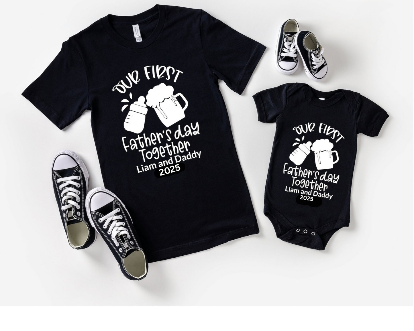 our first father's day together matching black t-shirts baby and daddy customizable names