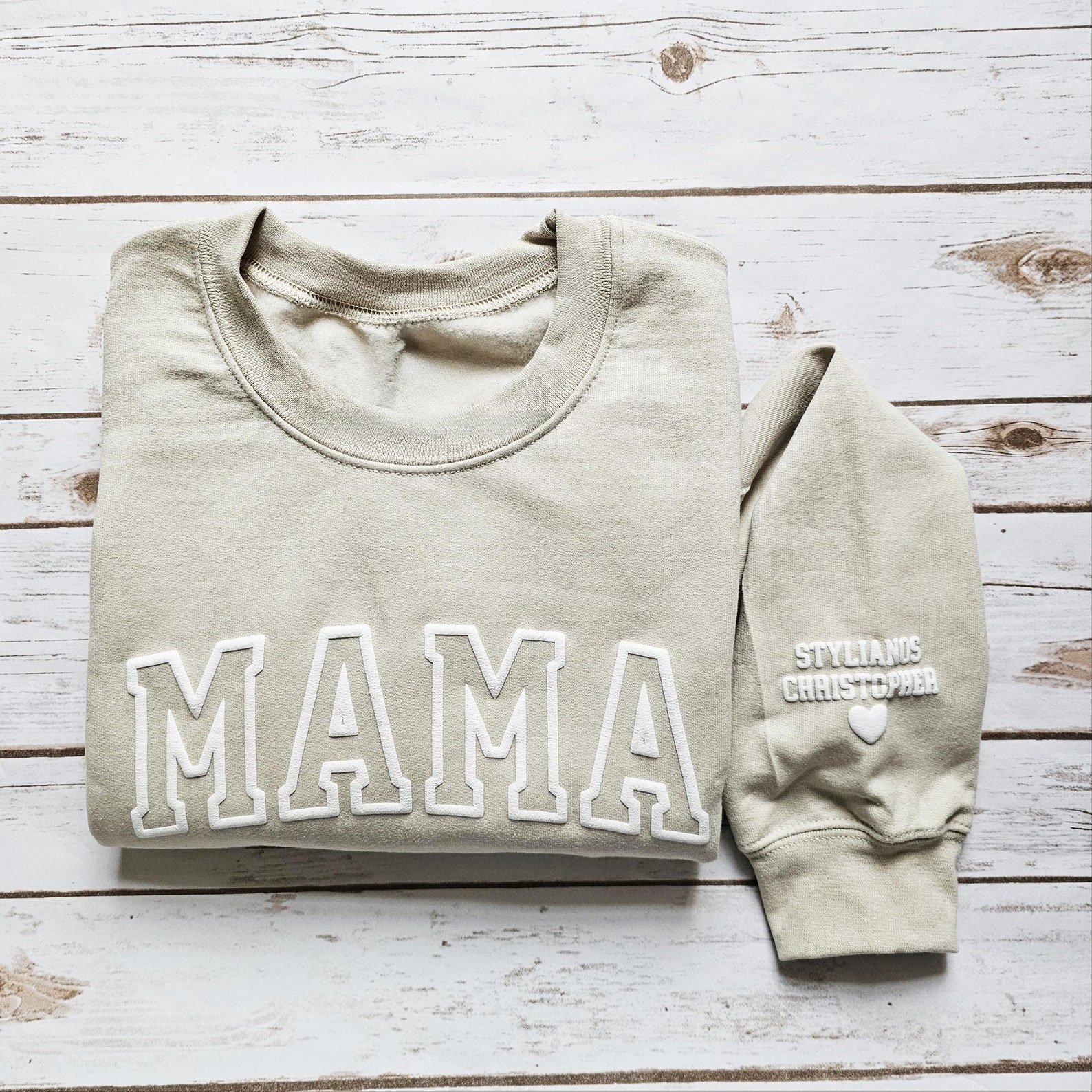 embossed mama on chest sweatshirt with kids names on sleeve, puff print, cream color, crewneck