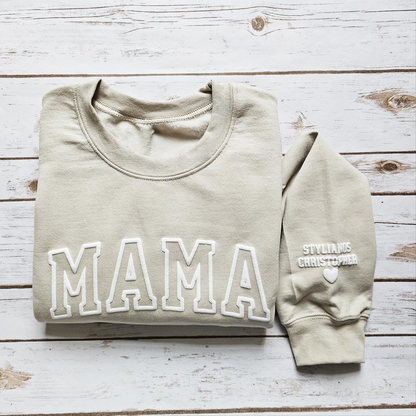 embossed mama on chest sweatshirt with kids names on sleeve, puff print, cream color, crewneck